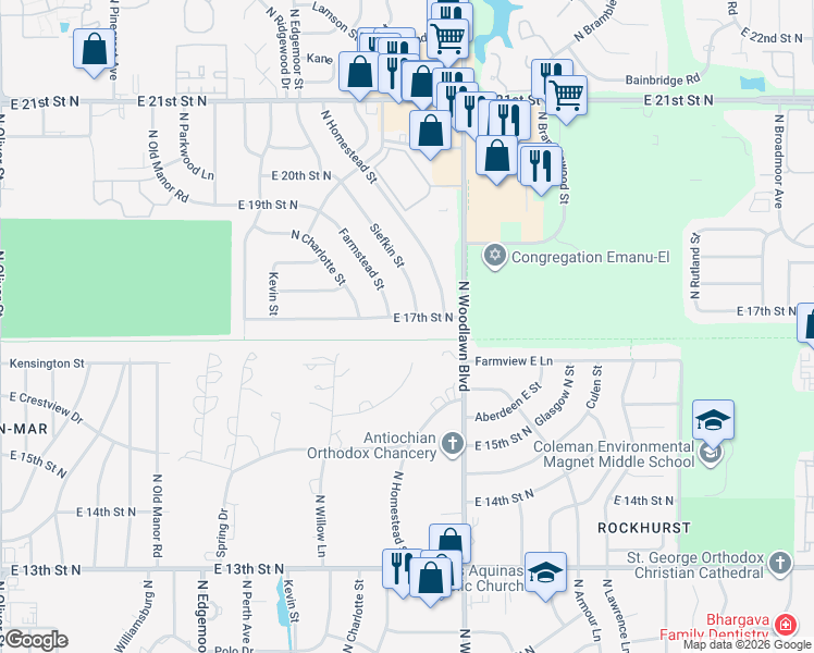 map of restaurants, bars, coffee shops, grocery stores, and more near 6117 East 17th Street North in Wichita