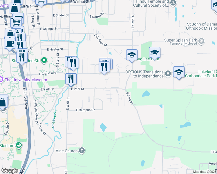map of restaurants, bars, coffee shops, grocery stores, and more near 805 East Park Street in Carbondale