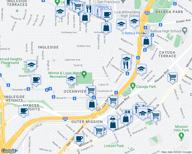 map of restaurants, bars, coffee shops, grocery stores, and more near 84 Minerva Street in San Francisco