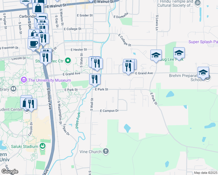 map of restaurants, bars, coffee shops, grocery stores, and more near 608 East Park Street in Carbondale