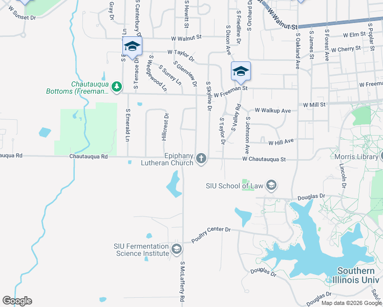 map of restaurants, bars, coffee shops, grocery stores, and more near 1018 South Glenview Drive in Carbondale
