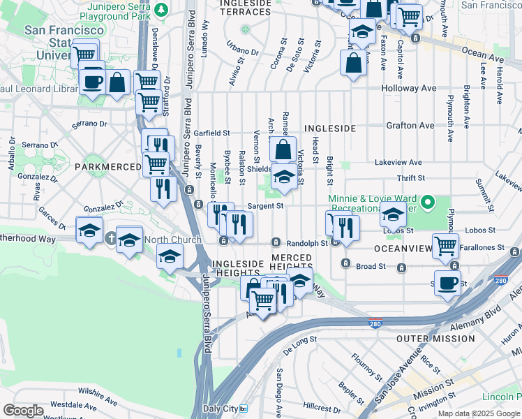 map of restaurants, bars, coffee shops, grocery stores, and more near 535 Sargent Street in San Francisco