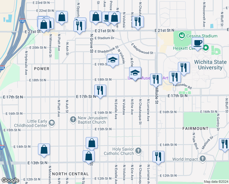 map of restaurants, bars, coffee shops, grocery stores, and more near 1811 North Estelle Street in Wichita