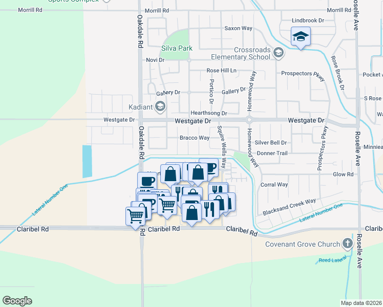 map of restaurants, bars, coffee shops, grocery stores, and more near 5403 Mayberry Court in Riverbank