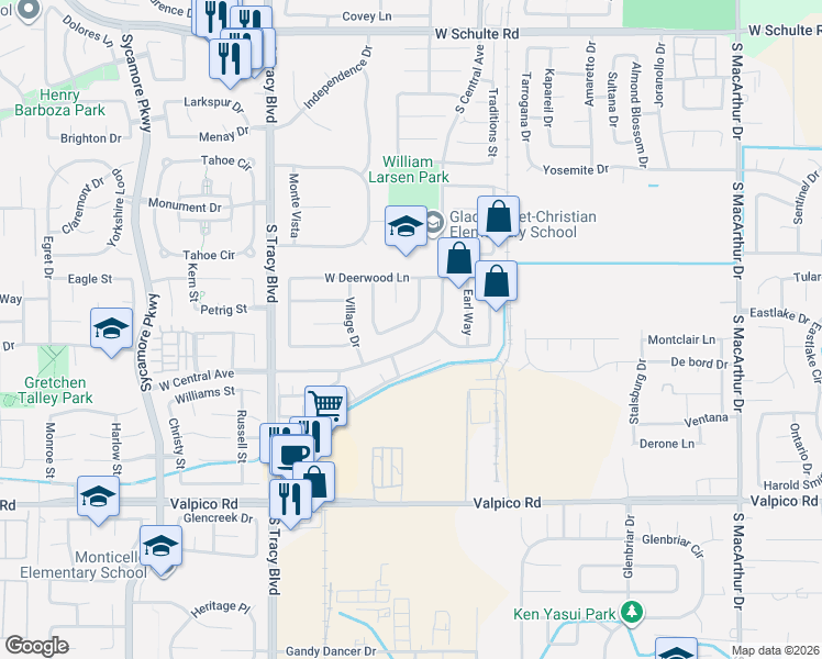 map of restaurants, bars, coffee shops, grocery stores, and more near 160 West Willow Creek Drive in Tracy