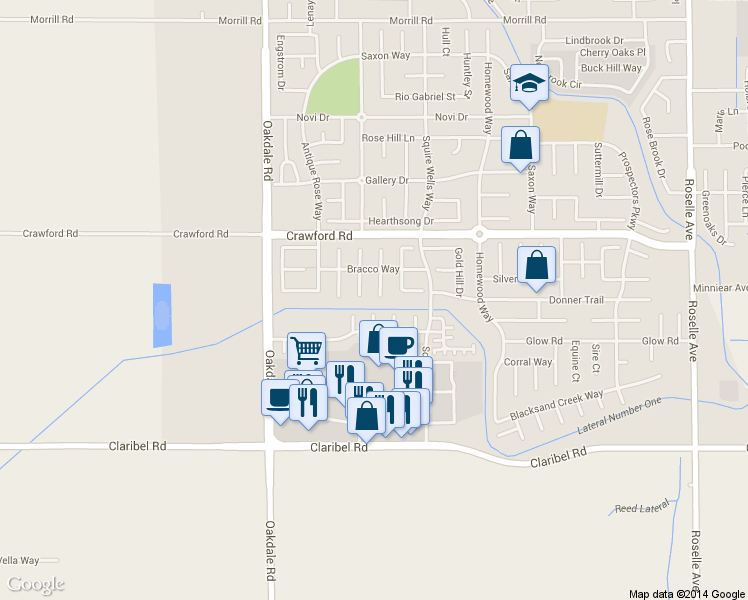 map of restaurants, bars, coffee shops, grocery stores, and more near 5403 Mayberry Ct in Riverbank