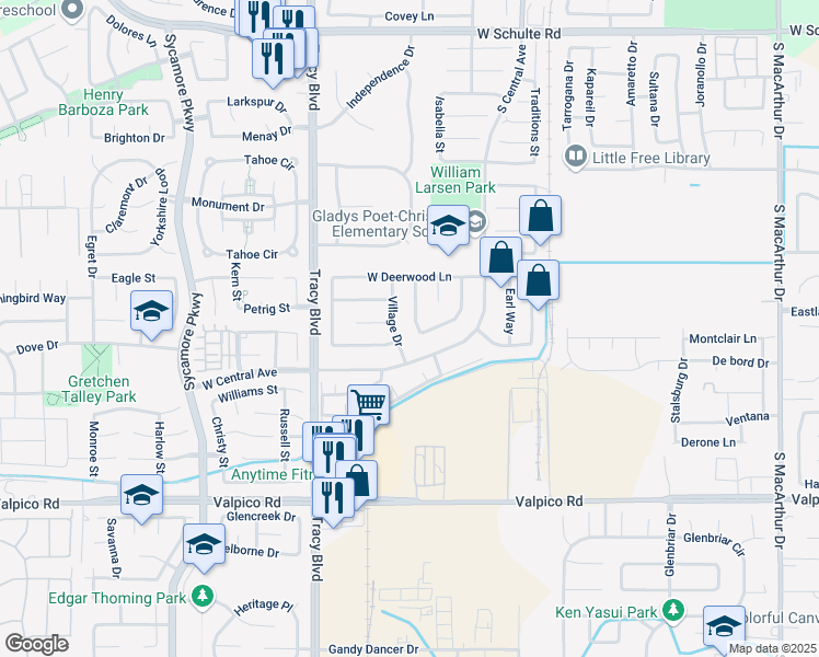 map of restaurants, bars, coffee shops, grocery stores, and more near 1981 Bristlecone Drive in Tracy