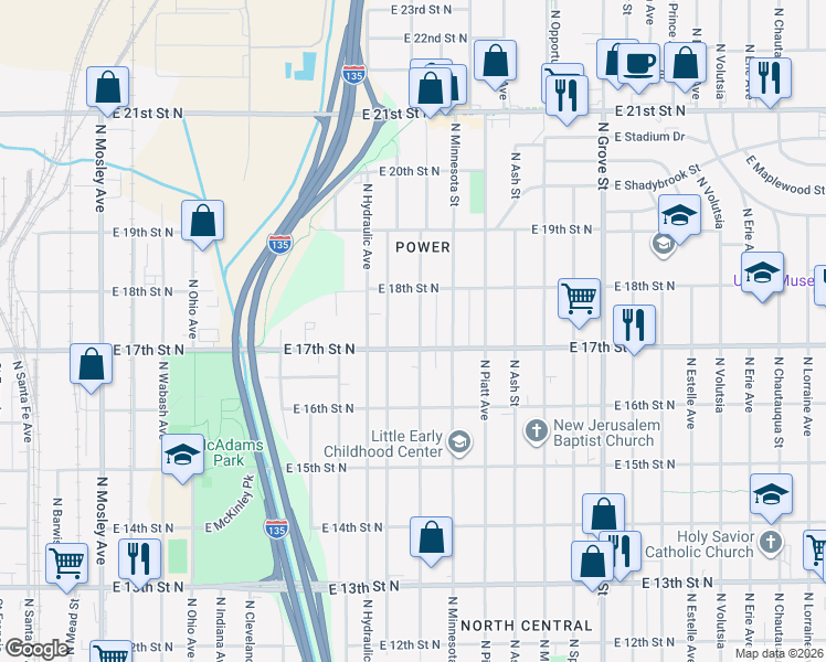 map of restaurants, bars, coffee shops, grocery stores, and more near 1817 North Minneapolis Street in Wichita