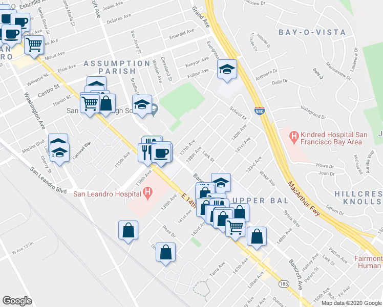 map of restaurants, bars, coffee shops, grocery stores, and more near 1545 138th Avenue in San Leandro