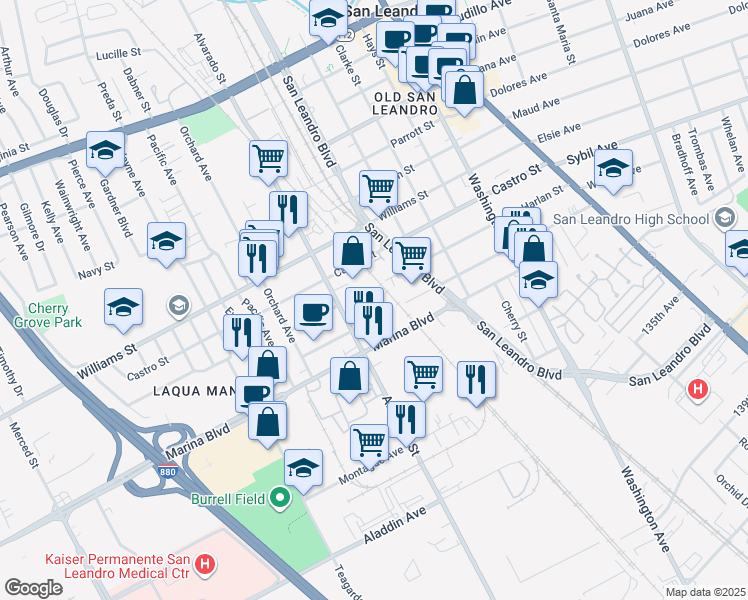 map of restaurants, bars, coffee shops, grocery stores, and more near 599 Castro Street in San Leandro