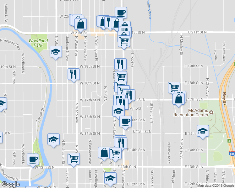map of restaurants, bars, coffee shops, grocery stores, and more near 1818 North Market Street in Wichita
