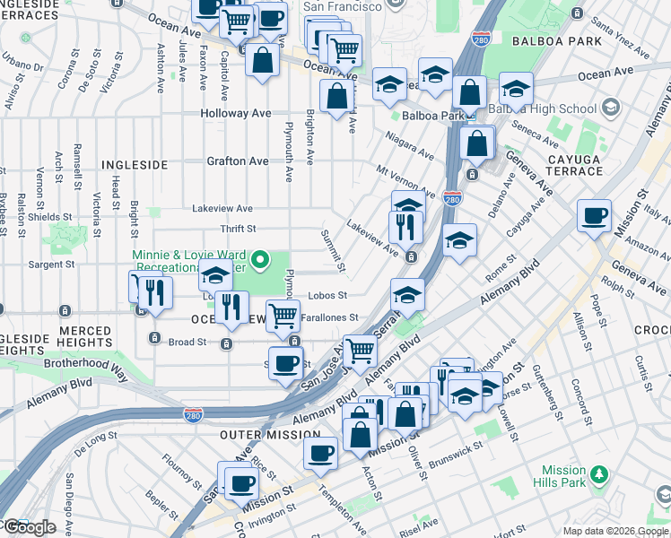map of restaurants, bars, coffee shops, grocery stores, and more near 6 Minerva Street in San Francisco