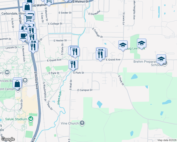 map of restaurants, bars, coffee shops, grocery stores, and more near 704 East Park Street in Carbondale