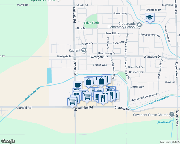 map of restaurants, bars, coffee shops, grocery stores, and more near 5403 Blazer Court in Riverbank
