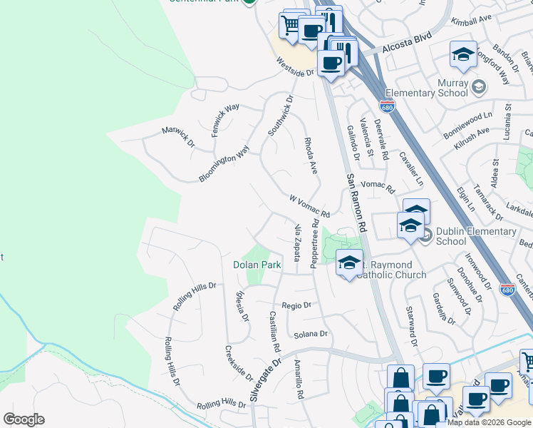 map of restaurants, bars, coffee shops, grocery stores, and more near 8122 Vía Zapata in Dublin