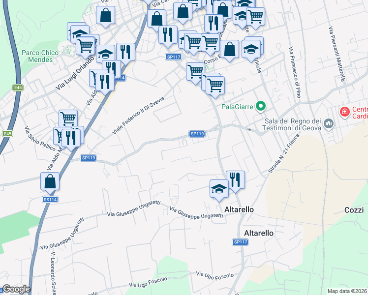 map of restaurants, bars, coffee shops, grocery stores, and more near 7 Via Ercole Patti in Giarre