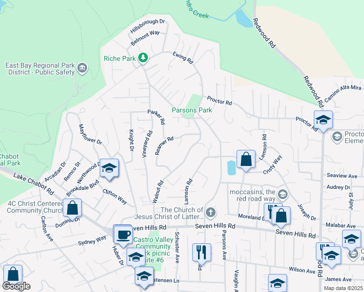 map of restaurants, bars, coffee shops, grocery stores, and more near 18052 Jaymark Court in Castro Valley