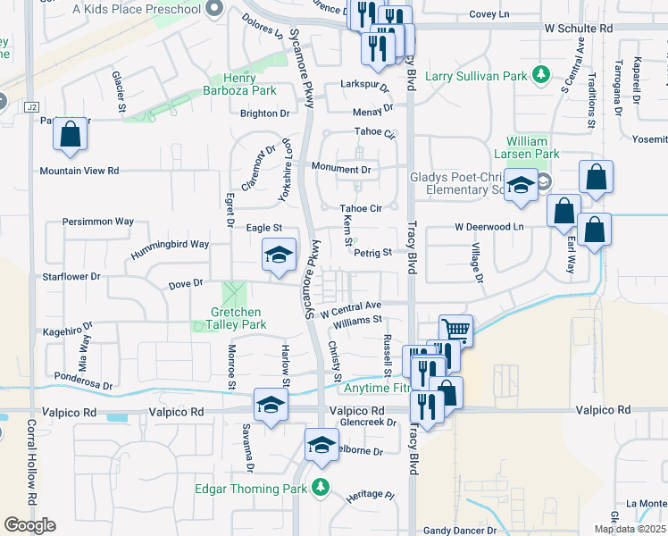map of restaurants, bars, coffee shops, grocery stores, and more near 2090 Garrison Lane in Tracy