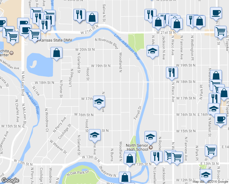 map of restaurants, bars, coffee shops, grocery stores, and more near 1822 North Burns in Wichita
