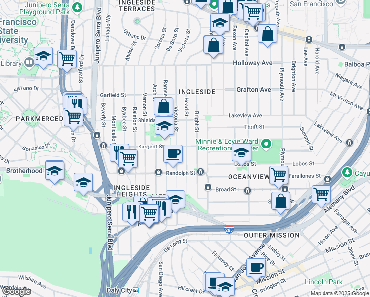 map of restaurants, bars, coffee shops, grocery stores, and more near 201 Sargent Street in San Francisco