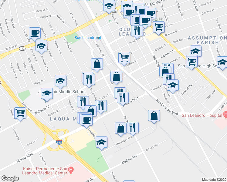 map of restaurants, bars, coffee shops, grocery stores, and more near 1996 Alvarado Street in San Leandro