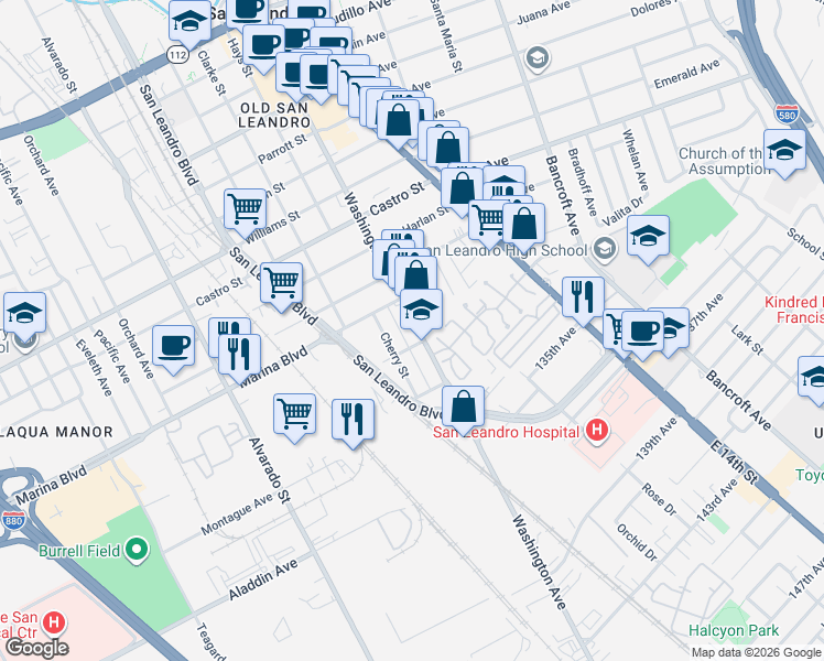 map of restaurants, bars, coffee shops, grocery stores, and more near 2251 Washington Avenue in San Leandro