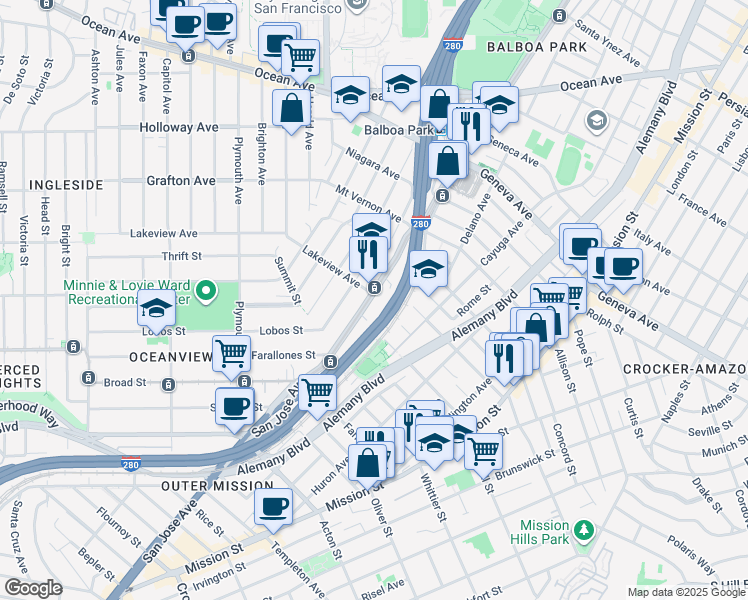 map of restaurants, bars, coffee shops, grocery stores, and more near 2629 San Jose Avenue in San Francisco