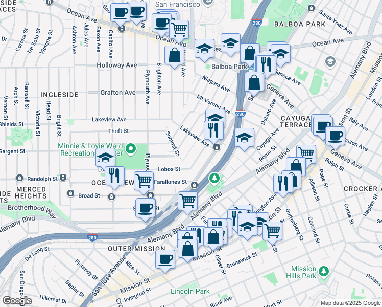 map of restaurants, bars, coffee shops, grocery stores, and more near 153 Majestic Avenue in San Francisco