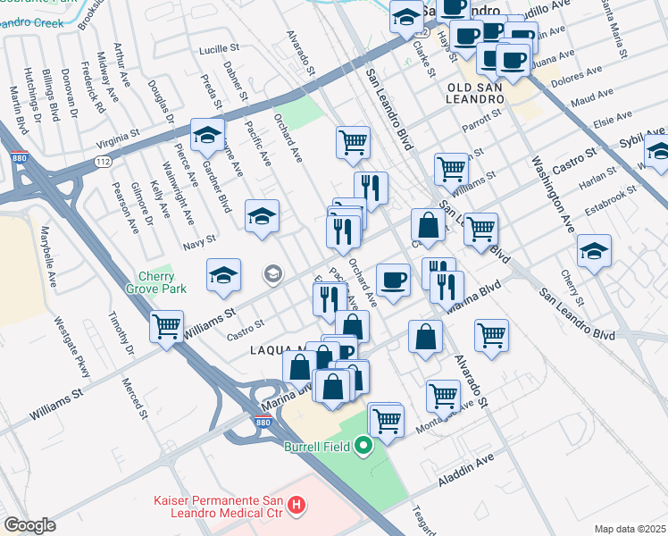 map of restaurants, bars, coffee shops, grocery stores, and more near 1822 Pacific Avenue in San Leandro