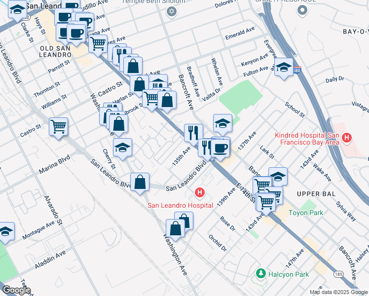 map of restaurants, bars, coffee shops, grocery stores, and more near 1335 135th Avenue in San Leandro