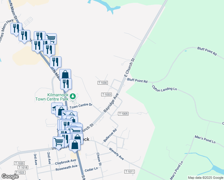 map of restaurants, bars, coffee shops, grocery stores, and more near 20 Venable Drive in Kilmarnock