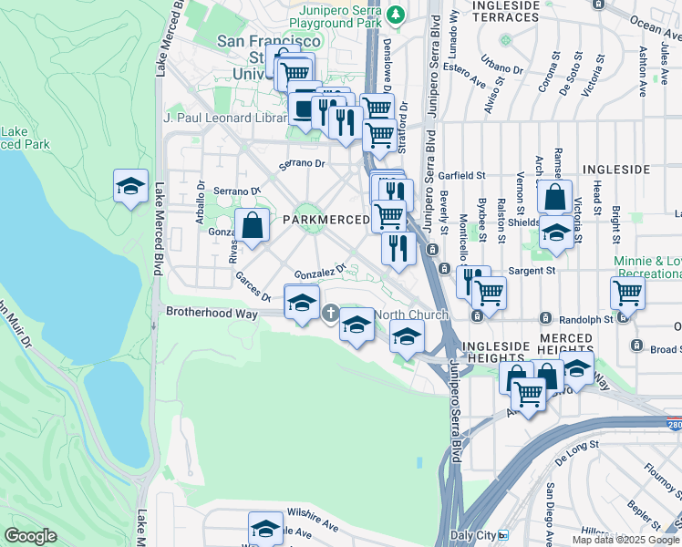 map of restaurants, bars, coffee shops, grocery stores, and more near 357 Gonzalez Drive in San Francisco