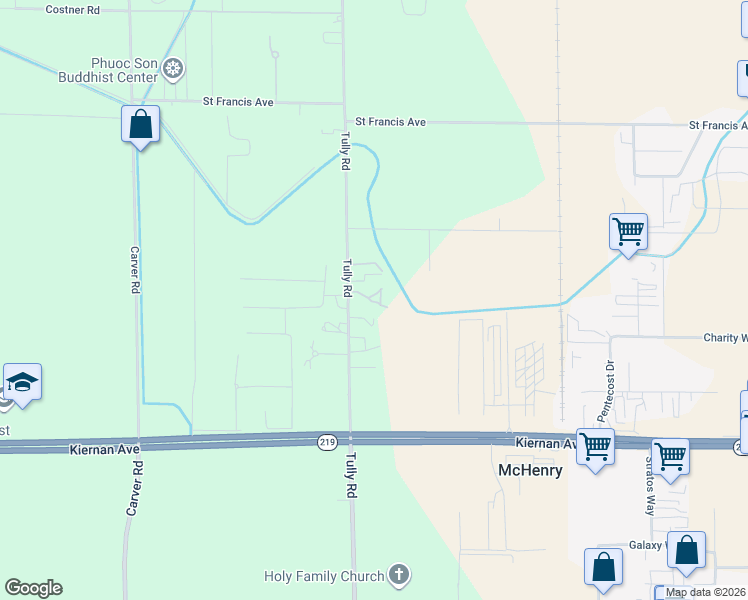 map of restaurants, bars, coffee shops, grocery stores, and more near 5306 Tully Road in Modesto
