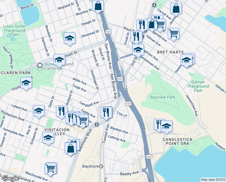 map of restaurants, bars, coffee shops, grocery stores, and more near 5 Fratessa Court in San Francisco