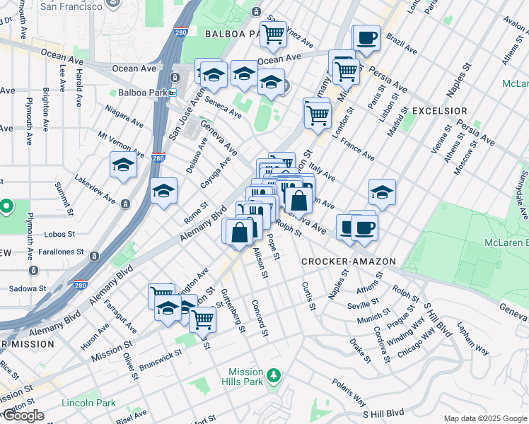 map of restaurants, bars, coffee shops, grocery stores, and more near 20 Niagara Avenue in San Francisco