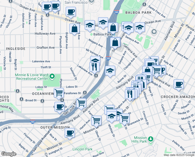 map of restaurants, bars, coffee shops, grocery stores, and more near 2621 San Jose Avenue in San Francisco