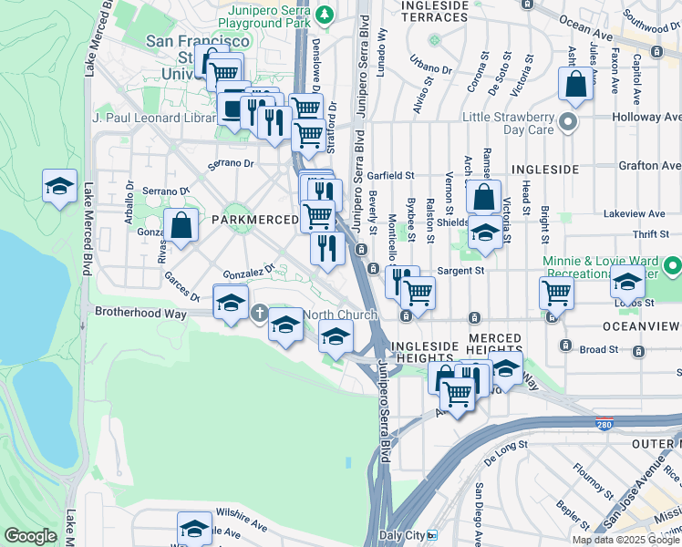 map of restaurants, bars, coffee shops, grocery stores, and more near 150 Font Boulevard in San Francisco
