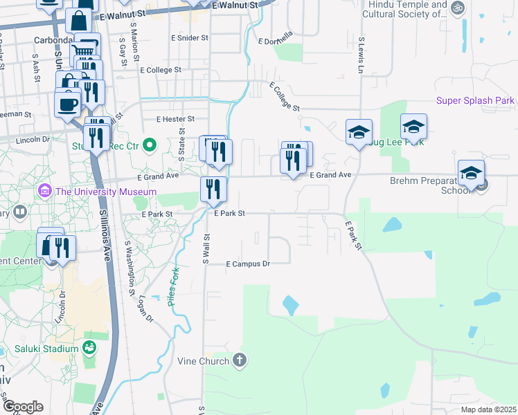 map of restaurants, bars, coffee shops, grocery stores, and more near 704 East Park Street in Carbondale