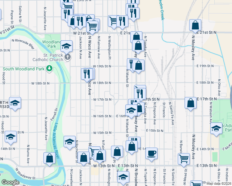 map of restaurants, bars, coffee shops, grocery stores, and more near 1818 North Park Place in Wichita