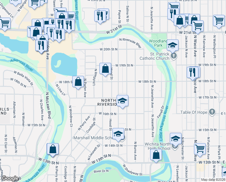 map of restaurants, bars, coffee shops, grocery stores, and more near 1831 North Payne Avenue in Wichita