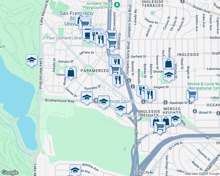map of restaurants, bars, coffee shops, grocery stores, and more near 211 Font Boulevard in San Francisco