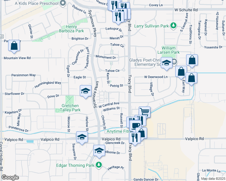 map of restaurants, bars, coffee shops, grocery stores, and more near 847 Iberis Way in Tracy