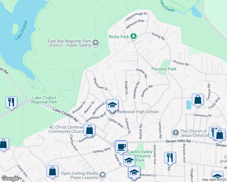 map of restaurants, bars, coffee shops, grocery stores, and more near 17670 Garland Court in Castro Valley