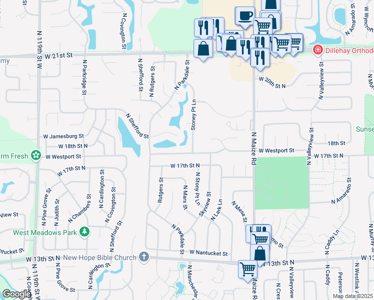 map of restaurants, bars, coffee shops, grocery stores, and more near 10818 West Westport Street in Wichita