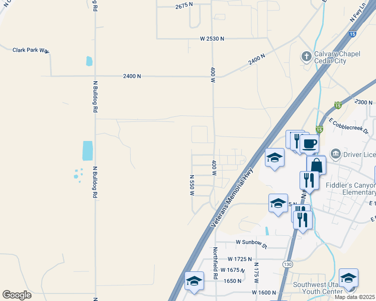 map of restaurants, bars, coffee shops, grocery stores, and more near 2133 North 550 West in Cedar City