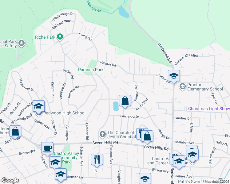 map of restaurants, bars, coffee shops, grocery stores, and more near 4445 Casa La Cresta in Castro Valley
