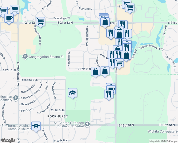 map of restaurants, bars, coffee shops, grocery stores, and more near 7321 E 17th Street North in Wichita