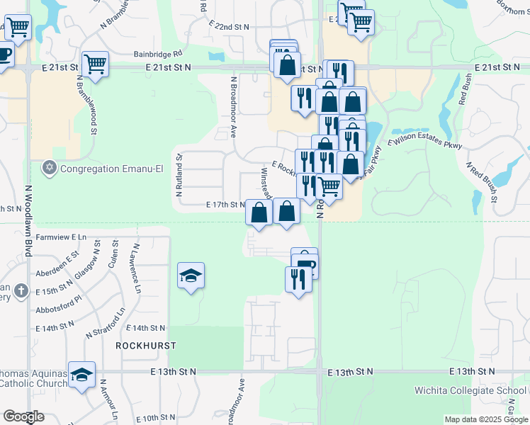 map of restaurants, bars, coffee shops, grocery stores, and more near 7517 East 17th Street North in Wichita