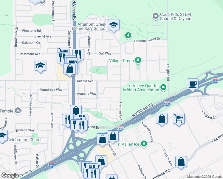 map of restaurants, bars, coffee shops, grocery stores, and more near 6449 Aspenwood Way in Livermore