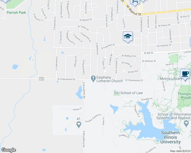 map of restaurants, bars, coffee shops, grocery stores, and more near 1008 South Skyline Drive in Carbondale